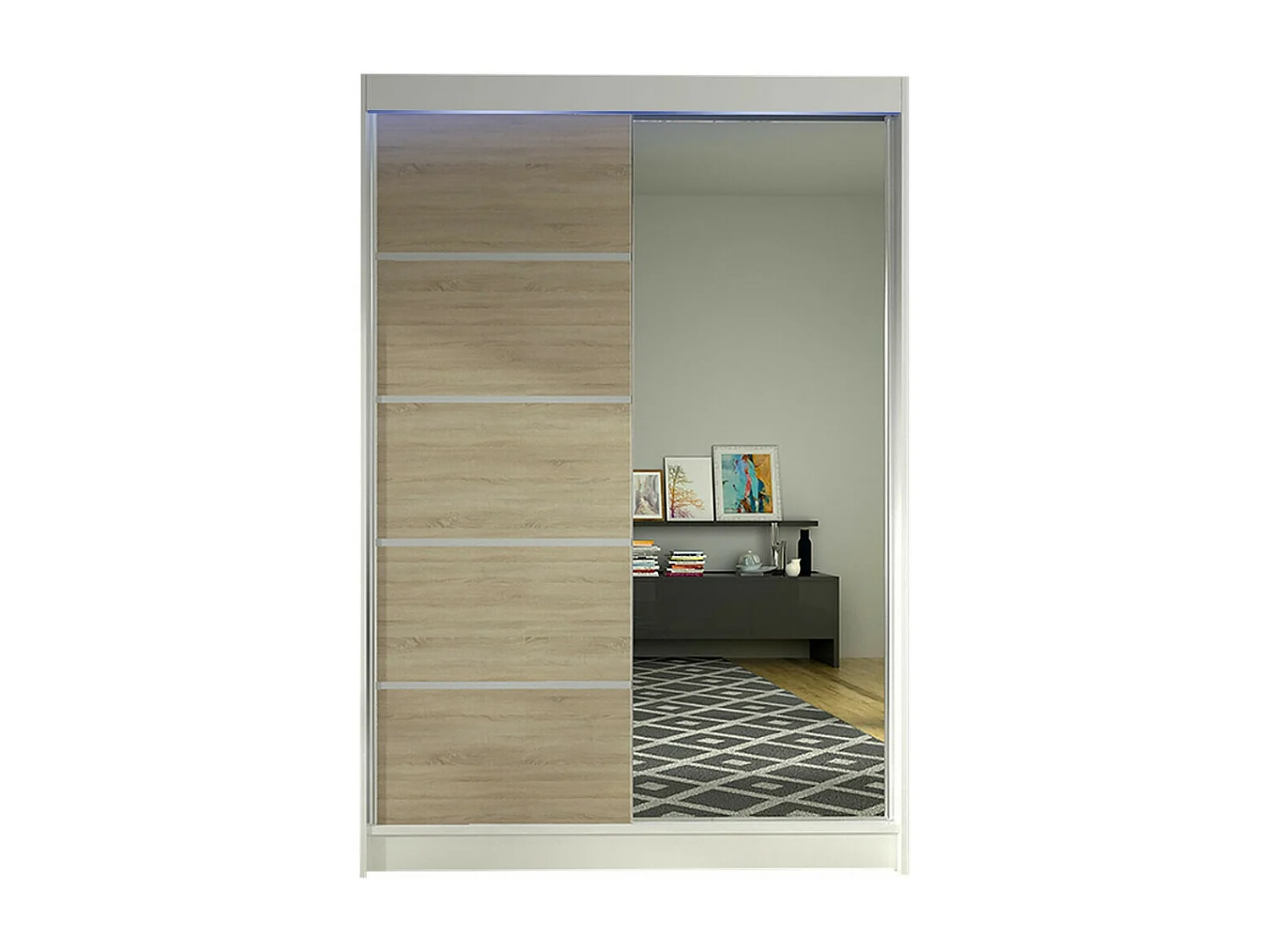 Armoire Closico 149, Sonoma chêne|Blanc, 200x120x58cm, Portes d'armoire: Coulissantes