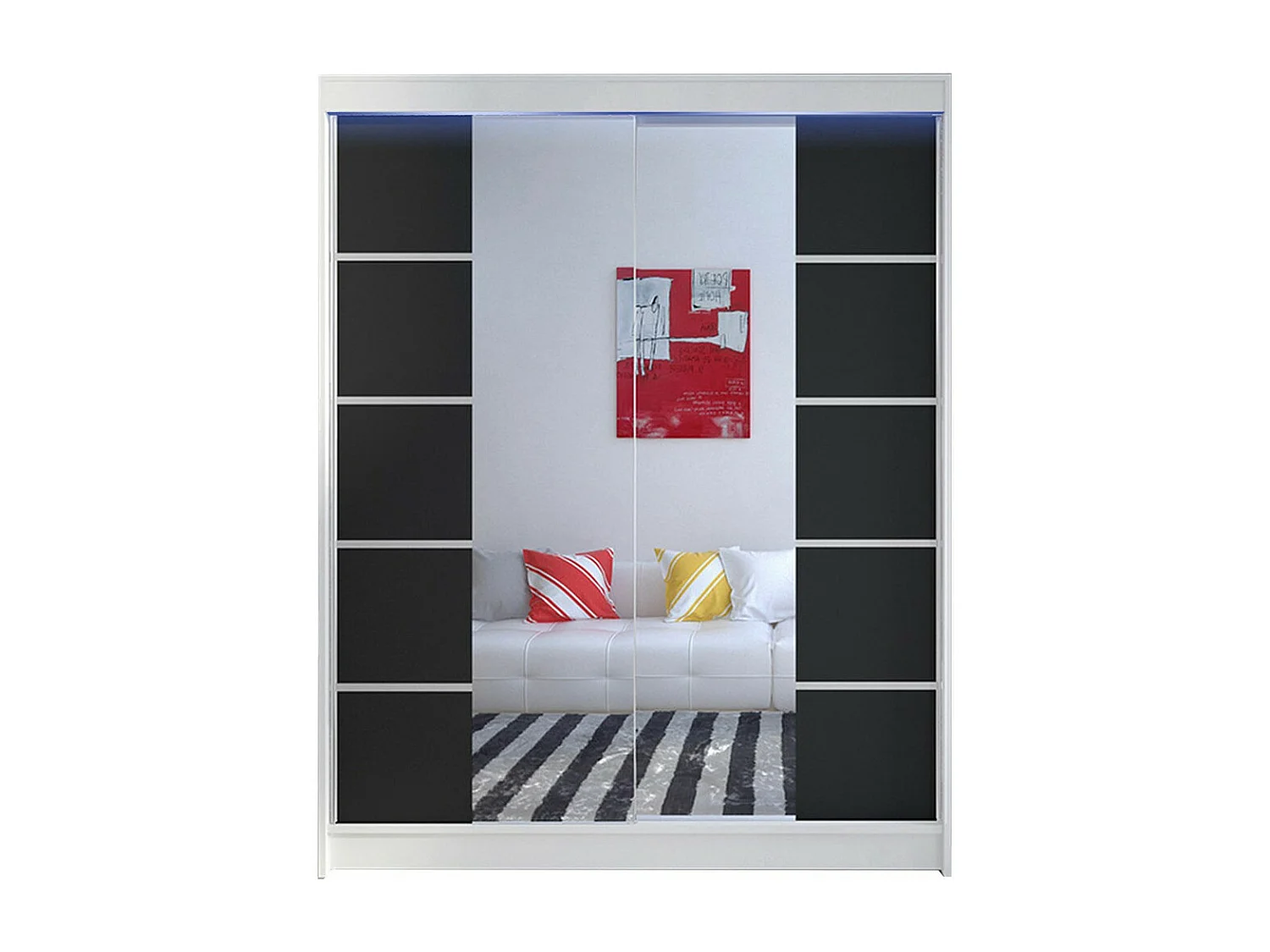 Armoire Closico 146, Blanc|Noir, 200x150x58cm, Portes d'armoire: Coulissantes