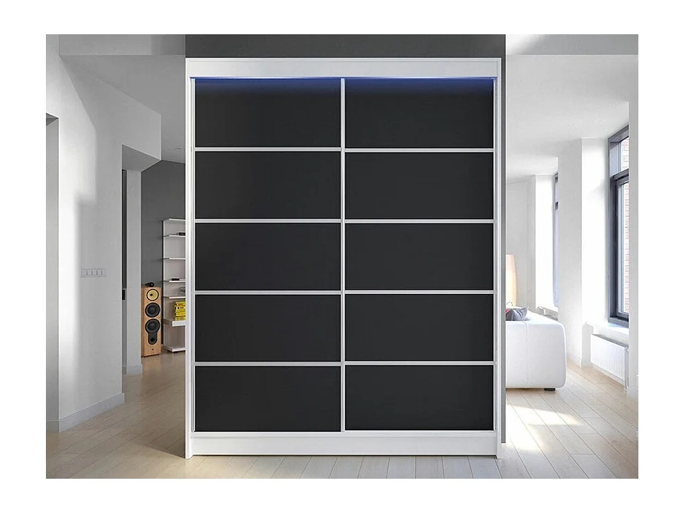 Armoire Closico 145, Noir|Blanc, 200x150x58cm, Portes d'armoire: Coulissantes