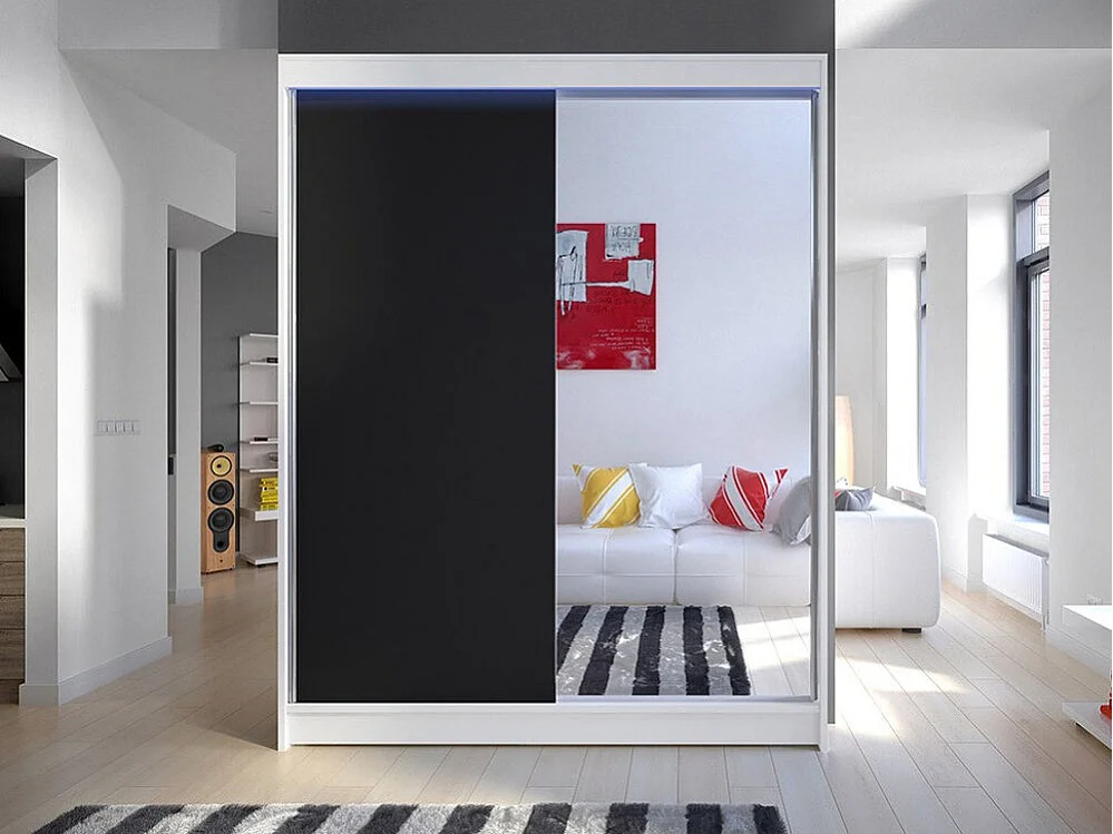 Armoire Closico 140, Blanc|Noir, 200x150x58cm, Portes d'armoire: Coulissantes