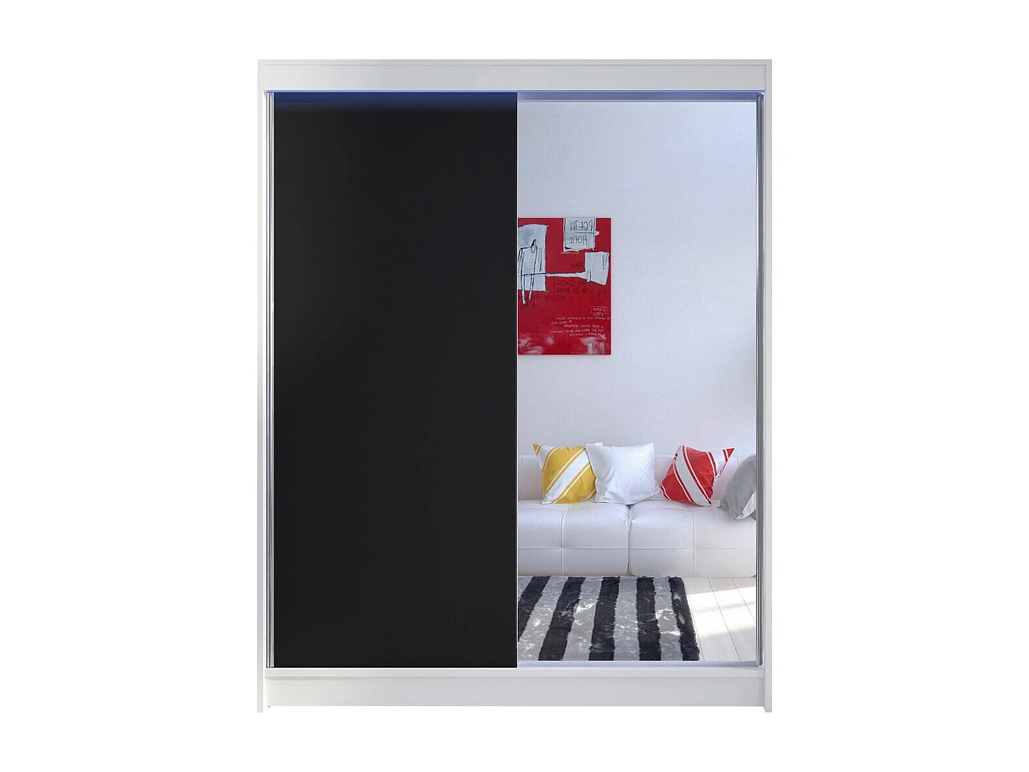Armoire Closico 140, Blanc|Noir, 200x150x58cm, Portes d'armoire: Coulissantes