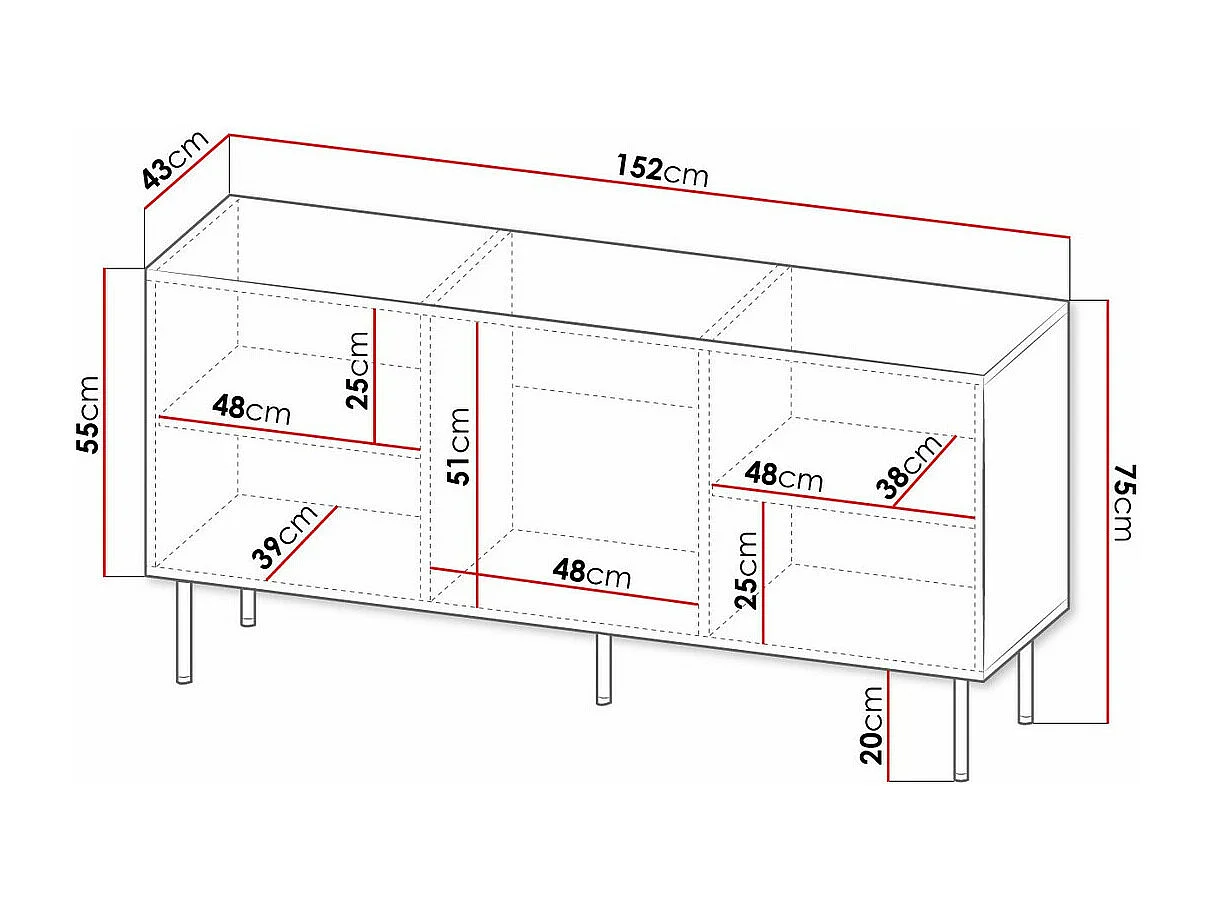 Buffet Charlotte 169, Noir|Doré, 75x152cm, Le nombre de portes: 343cm, MDF|Stratifié