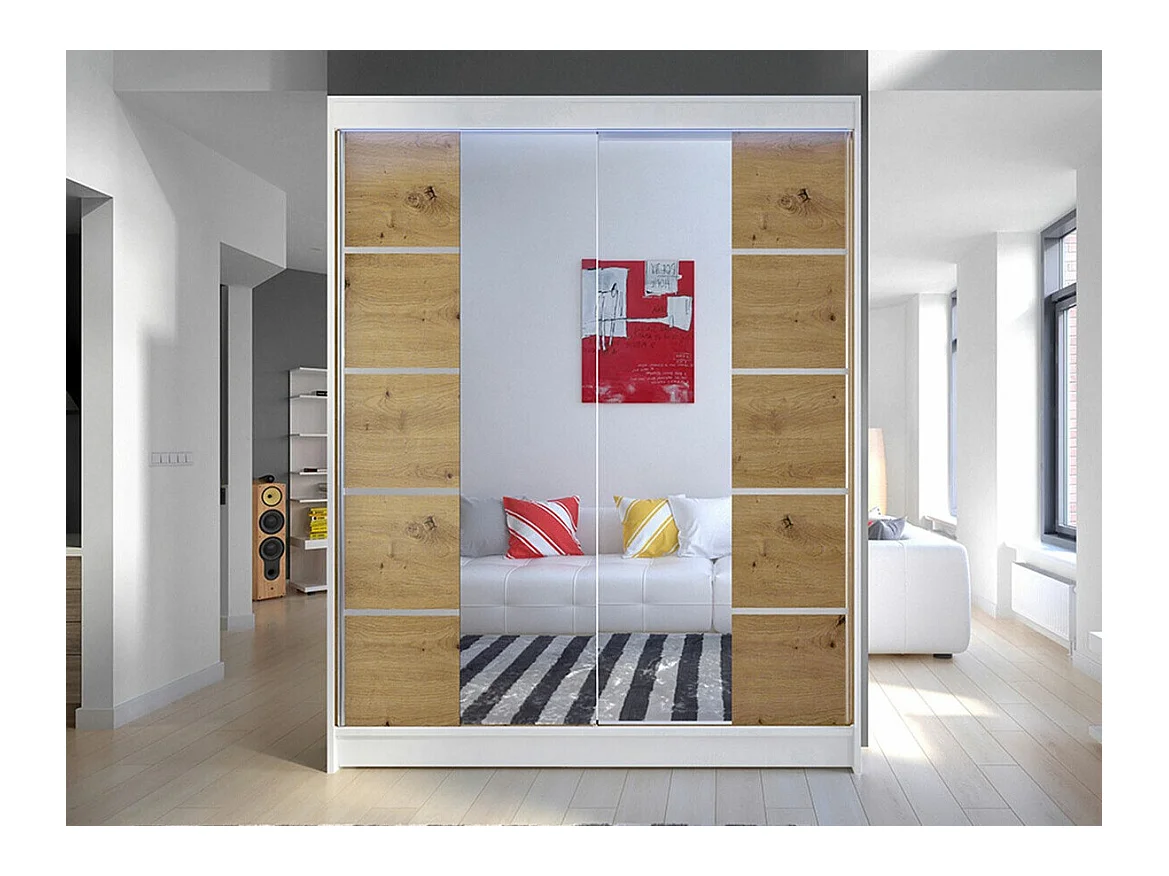 Armoire Closico 146, Chêne Artisan|Blanc, 200x150x58cm, Portes d'armoire: Coulissantes