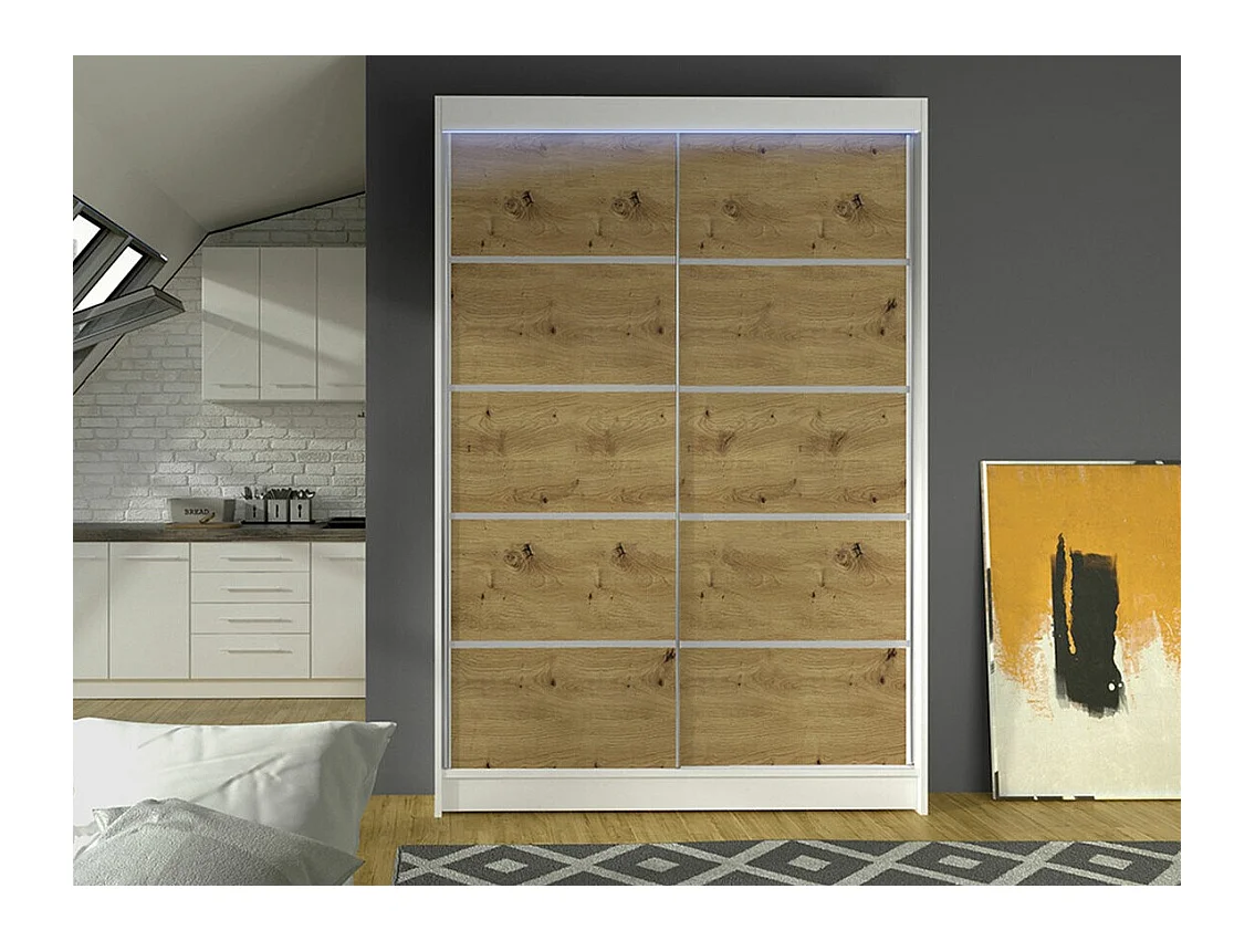 Armoire Closico 150, Chêne Artisan|Blanc, 200x120x58cm, Portes d'armoire: Coulissantes