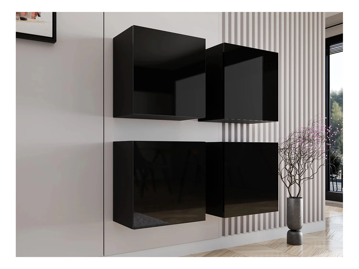 Ensemble d'armoires Venenou 143, Noir|Noir brillant, 100x100x30cm, MDF|Stratifié