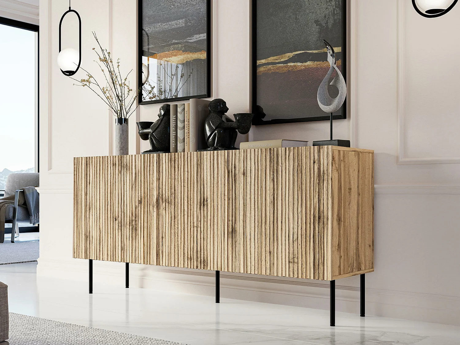 Buffet Lorelbo 100, Chêne wotan|Noir, 75x152cm, Le nombre de portes: 343cm, Stratifié|MDF