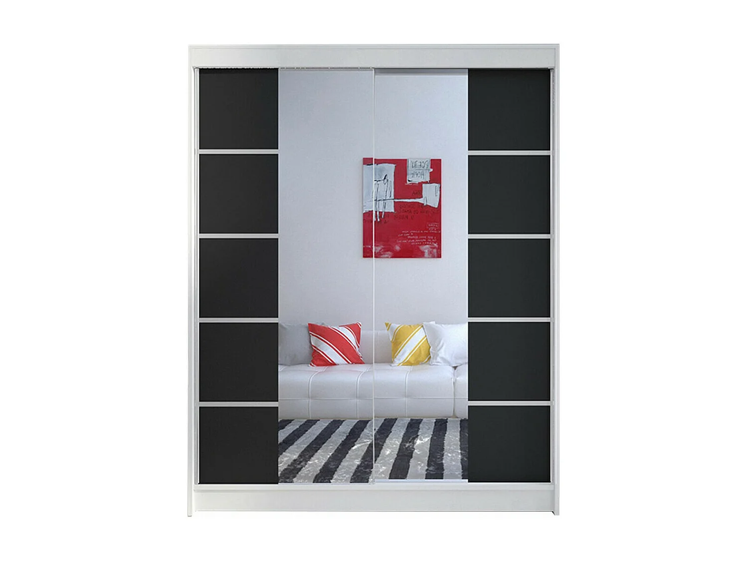 Armoire Closico 146, Noir|Blanc, 200x150x58cm, Portes d'armoire: Coulissantes