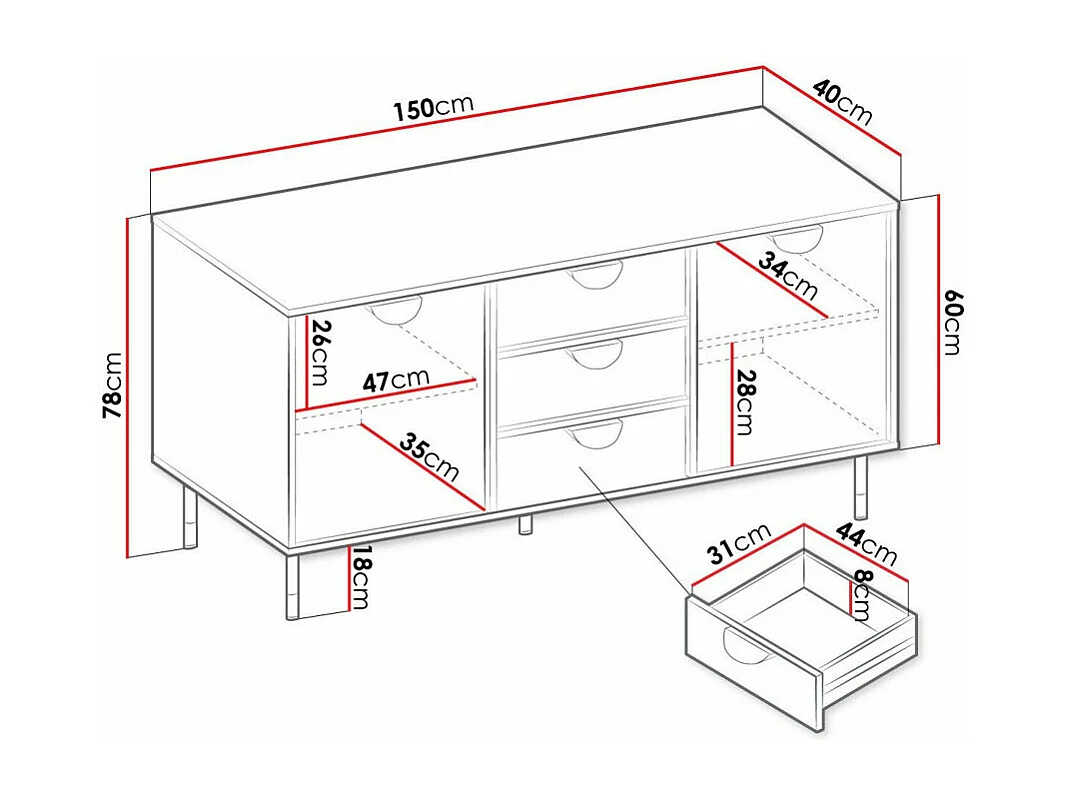 Cómoda Comfivo Levevai 101, Com gavetas e portas, 8x15x4cm