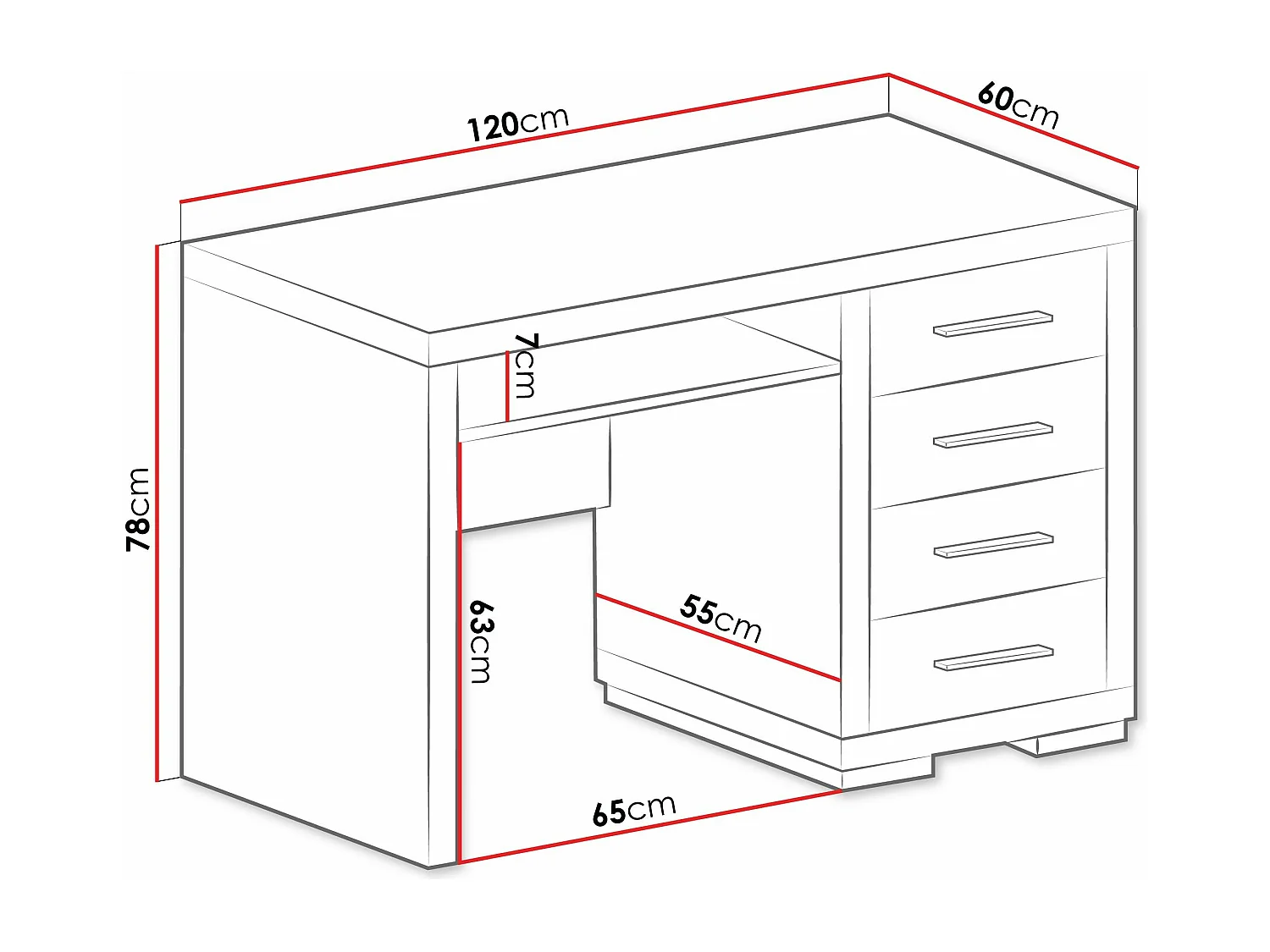 Bureau Fiomeri 120, Étagère à clavier|Avec tiroirs, Nombre de tiroirs: 4, 78x120x60cm
