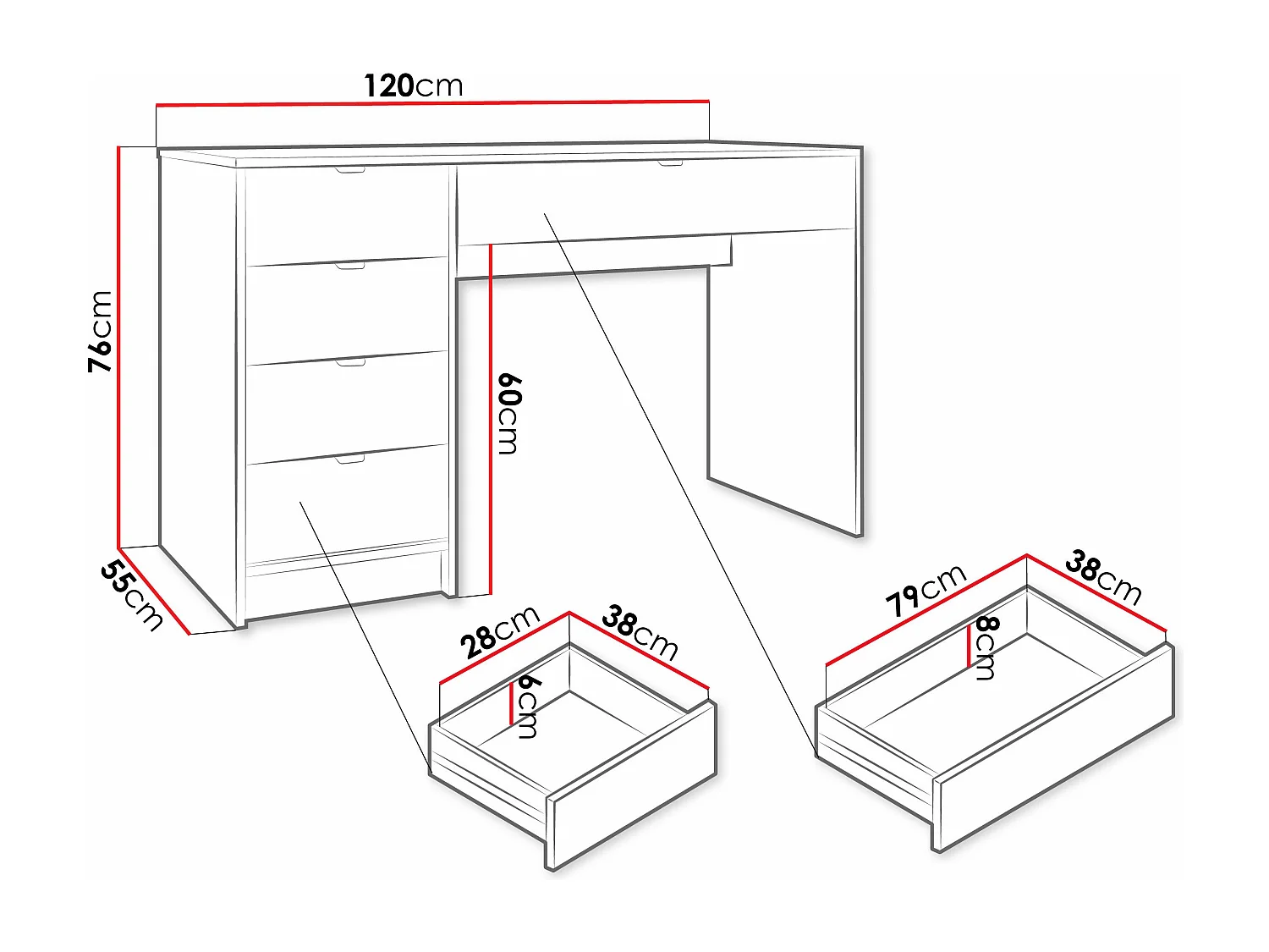 Mesa de oficina Comfivo Larmire 100, Con cajones, Número de cajones: 5, 76x120x55cm
