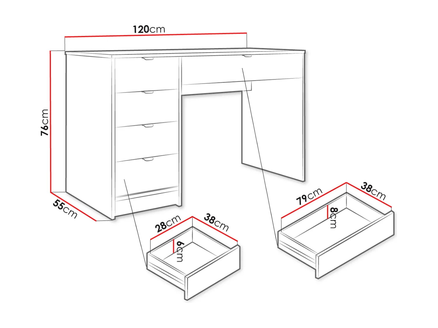 Mesa de oficina Comfivo Larmire 100, Con cajones, Número de cajones: 5, 76x120x55cm