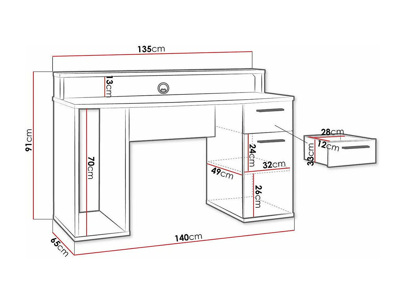 Escritorio gaming York 100, Con puertas|Con cajones, Número de puertas: 1.00, 76x140x65cm