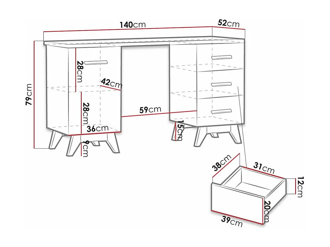 Bureau Sorvera 109, Avec des portes|Avec tiroirs, Le nombre de portes: 1, 79x140x52cm