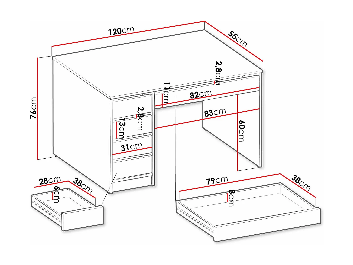 Schreibtisch Comfivo 312 mit 5 Schubladen 76x120x55cm Eiche Handwerker