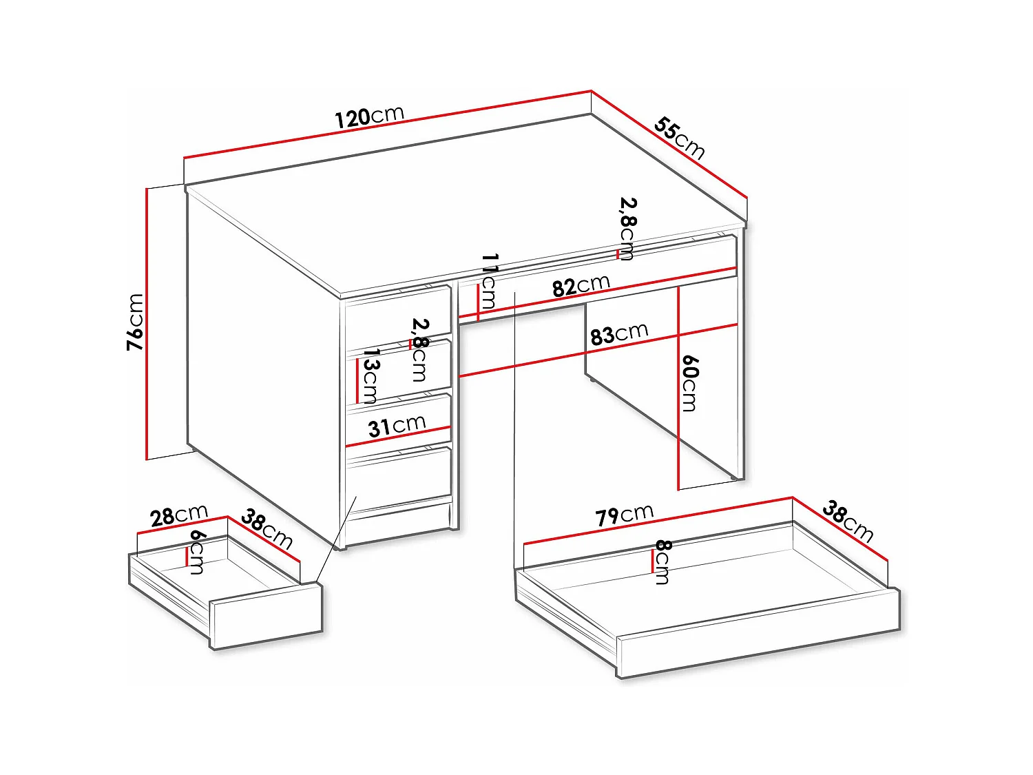 Mesa de escritório Comfivo 312, Com gavetas, Número de gavetas: 5