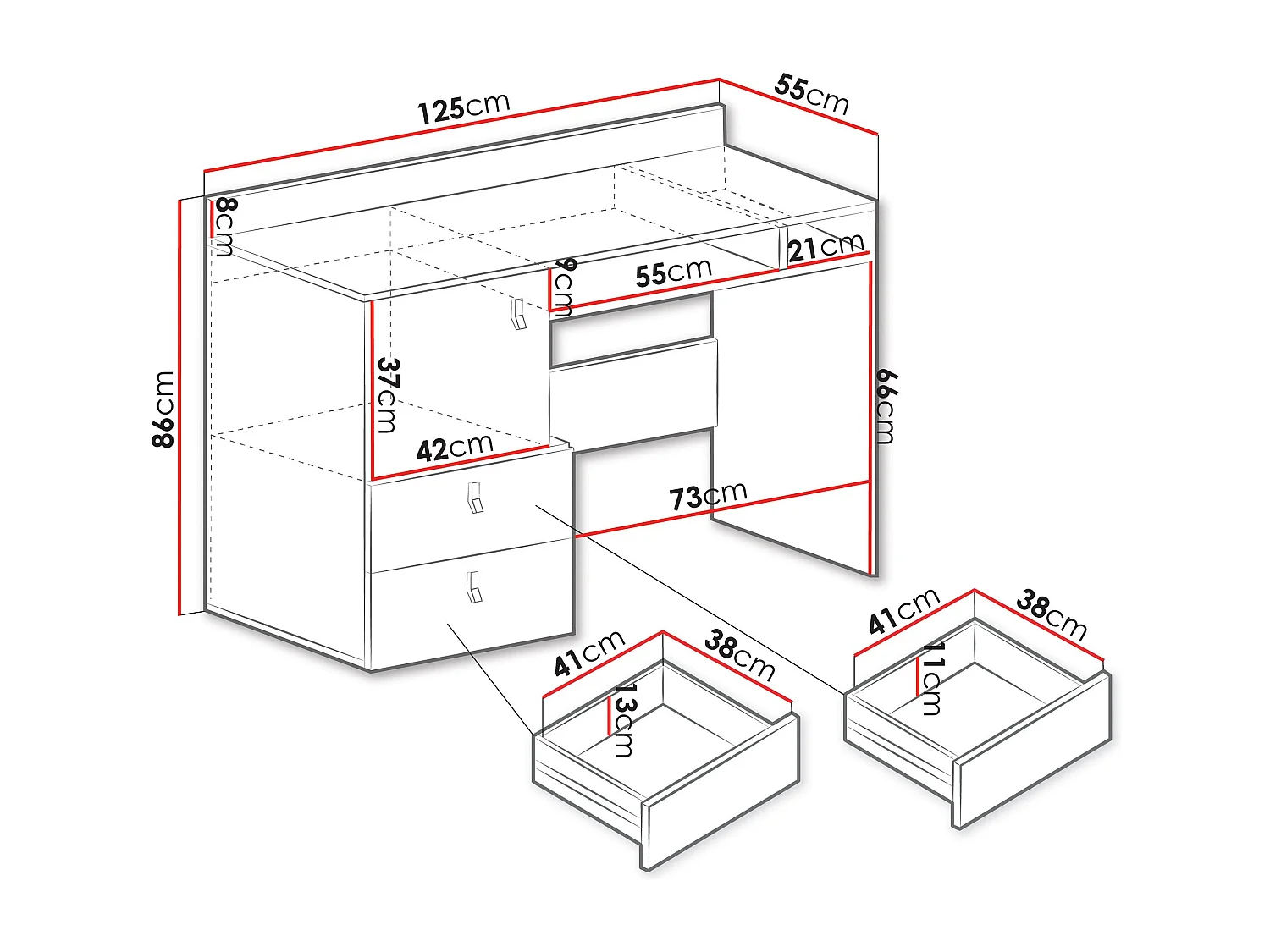 Scrivania da ufficio Camteso 107, Con cassetti|Con ripiano da tastiera|Con porte, 78x55cm