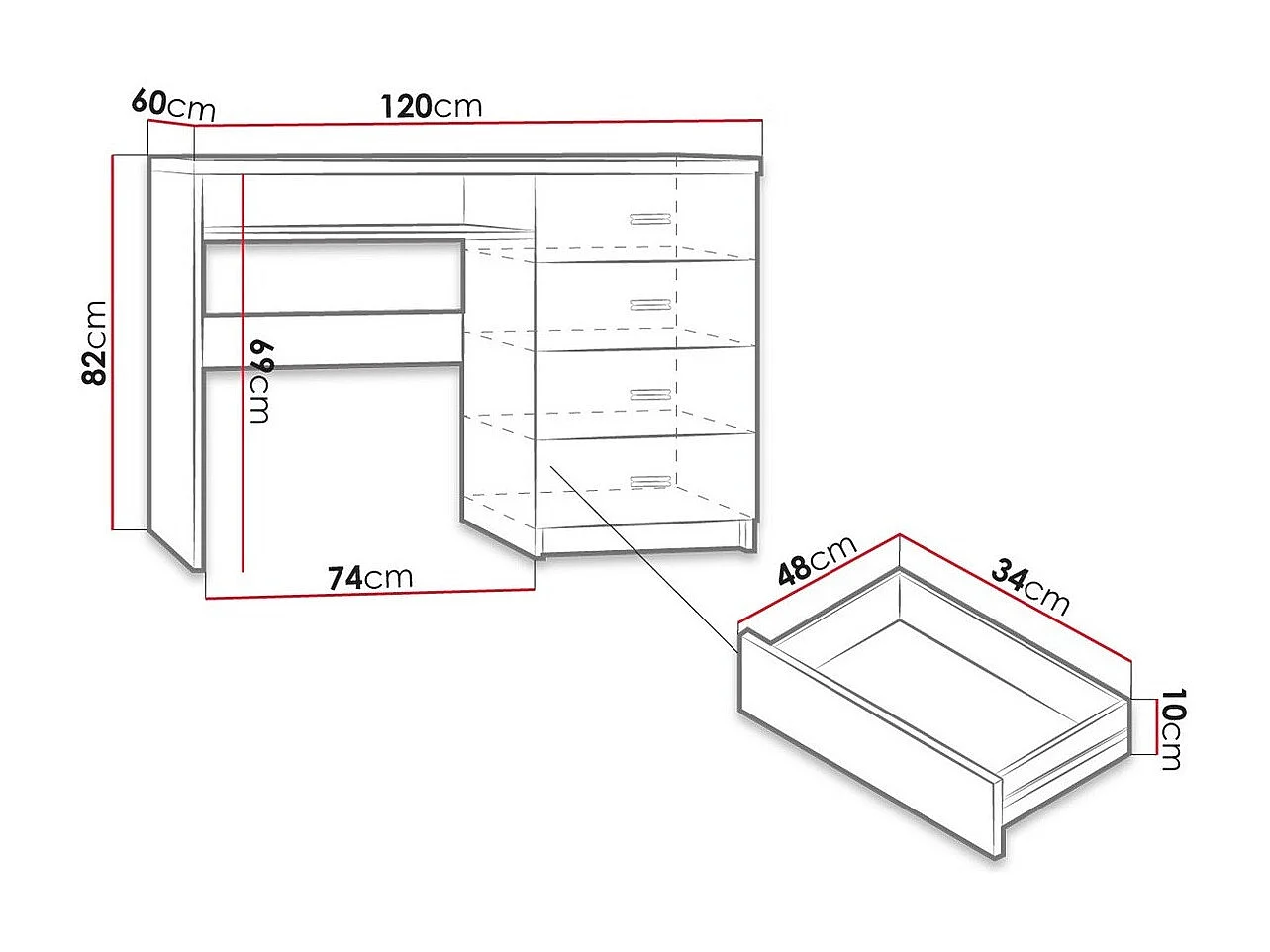 Bureau Serfeno 114, Avec tiroirs|Étagère à clavier, Nombre de tiroirs: 4, 82x120x60cm