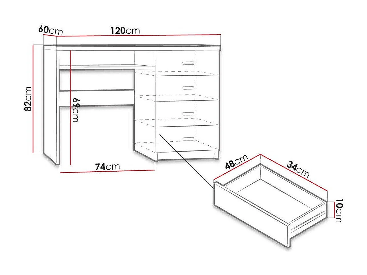 Bureau Serfeno 114, Avec tiroirs|Étagère à clavier, Nombre de tiroirs: 4, 82x120x60cm