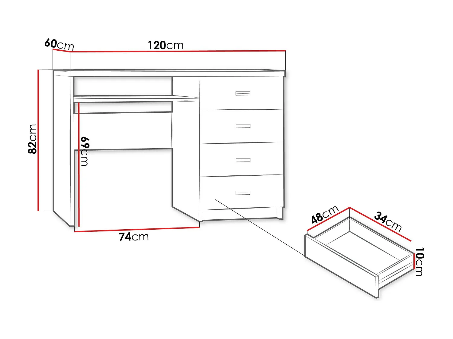 Mesa de oficina Serfeno 114, Con cajones|Con un estante para teclado, 82x120x60cm