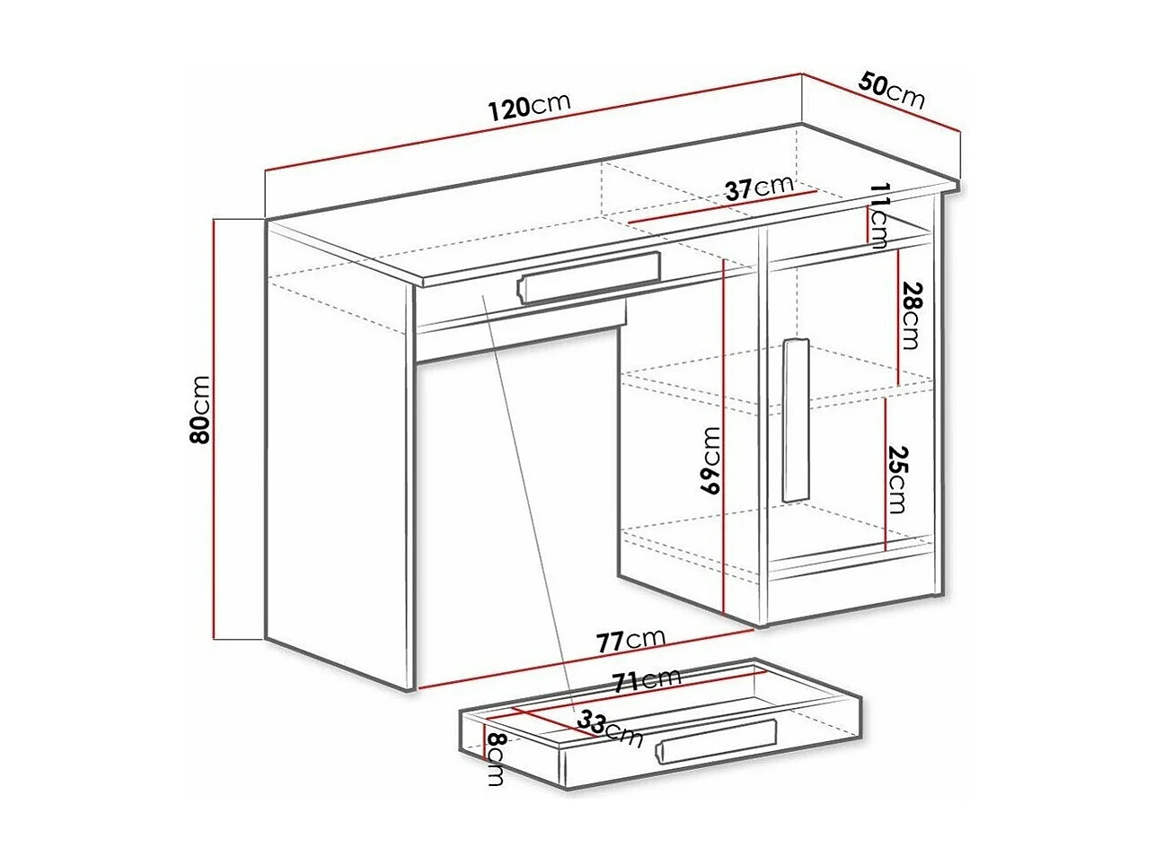 Mesa de escritório Merevari 100, Com gavetas, Número de portas: 1