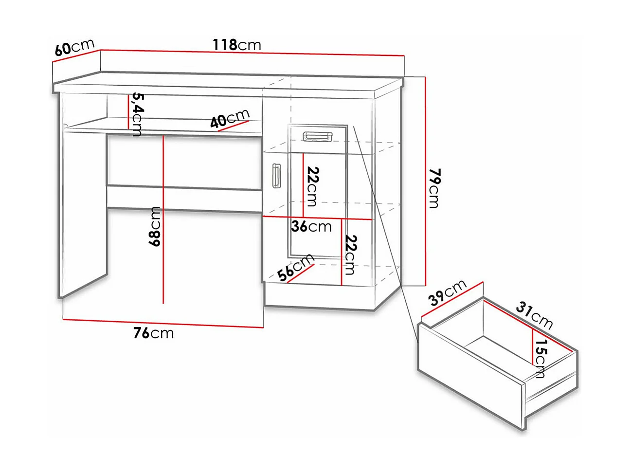 Mesa de oficina Lircava 114, Con cajones|Con un estante para teclado|Con puertas, 79x60cm