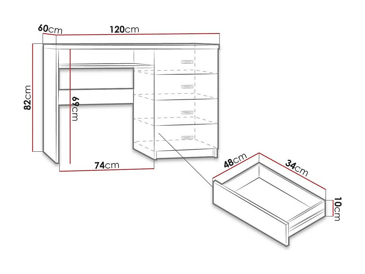 Bureau Serfeno 114, Étagère à clavier|Avec tiroirs, Nombre de tiroirs: 4, 82x120x60cm