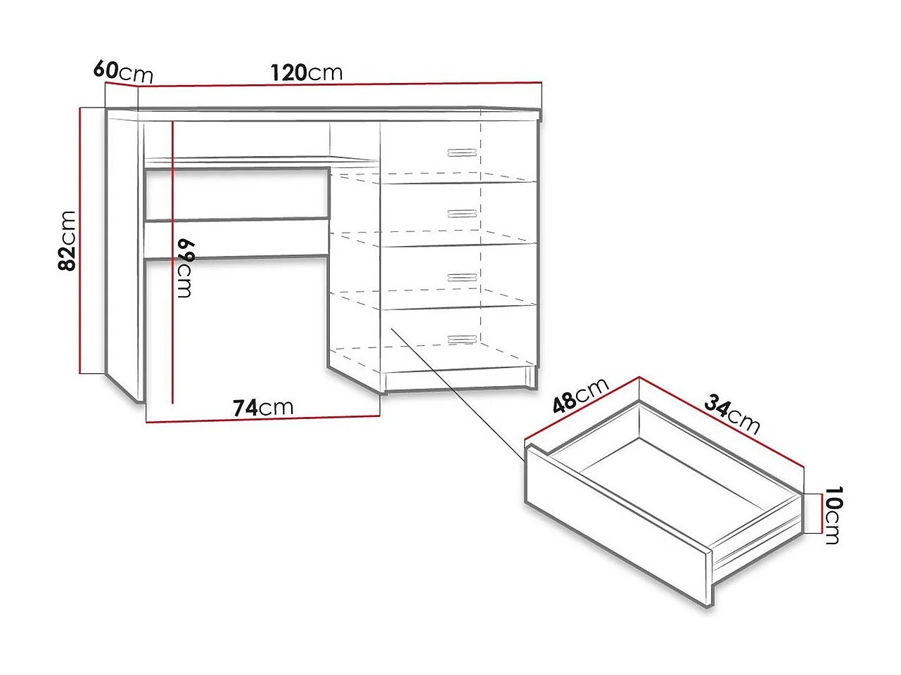 Bureau Serfeno 114, Avec tiroirs|Étagère à clavier, Nombre de tiroirs: 4, 82x120x60cm