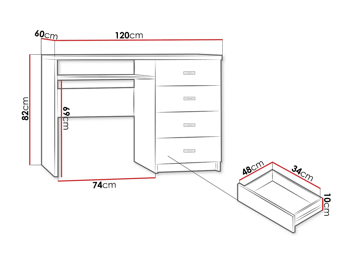 Mesa de oficina Serfeno 114, Con cajones|Con un estante para teclado, 82x120x60cm, Fresno