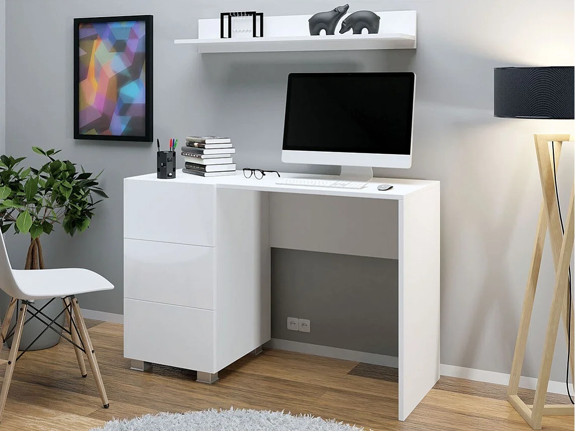 Bureau Tivdalu 122, Avec tiroirs, Nombre de tiroirs: 3, 77x110x50cm, Blanc brillant|Blanc