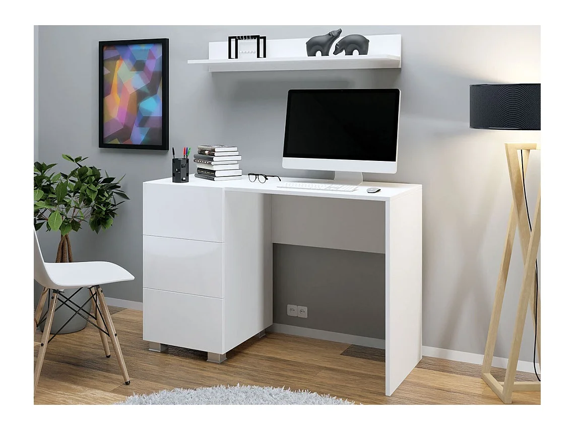 Bureau Tivdalu 122, Avec tiroirs, Nombre de tiroirs: 3, 77x110x50cm, Blanc brillant|Blanc