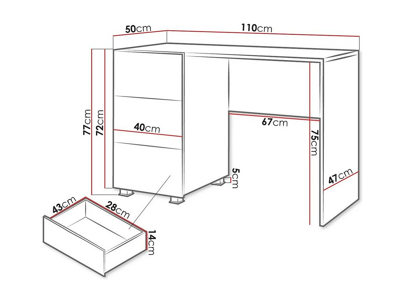 Mesa de oficina Tivdalu 122, Con cajones, Número de cajones: 3, 77x110x50cm