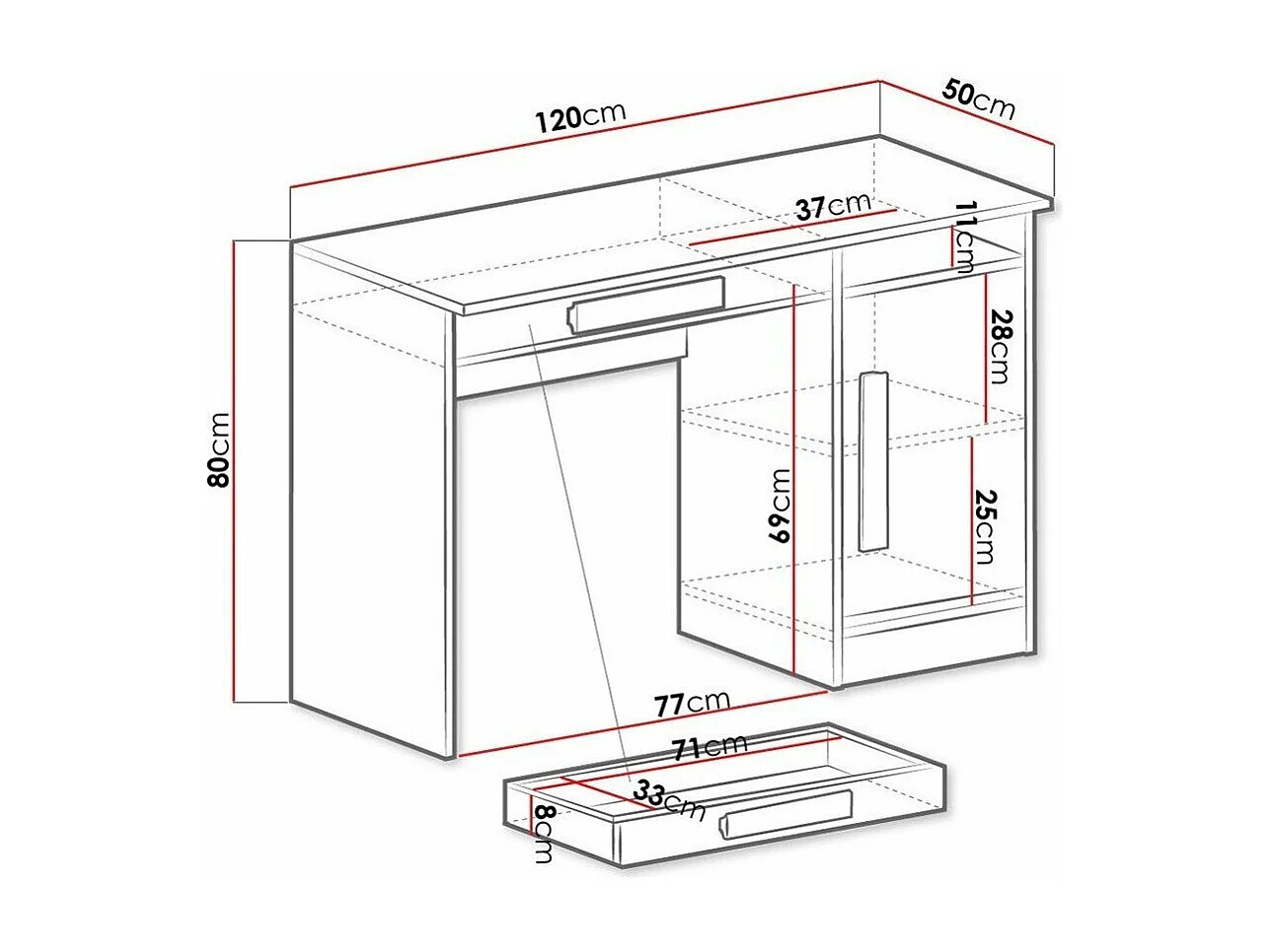Mesa de escritório Merevari 100, Com gavetas, Número de portas: 1