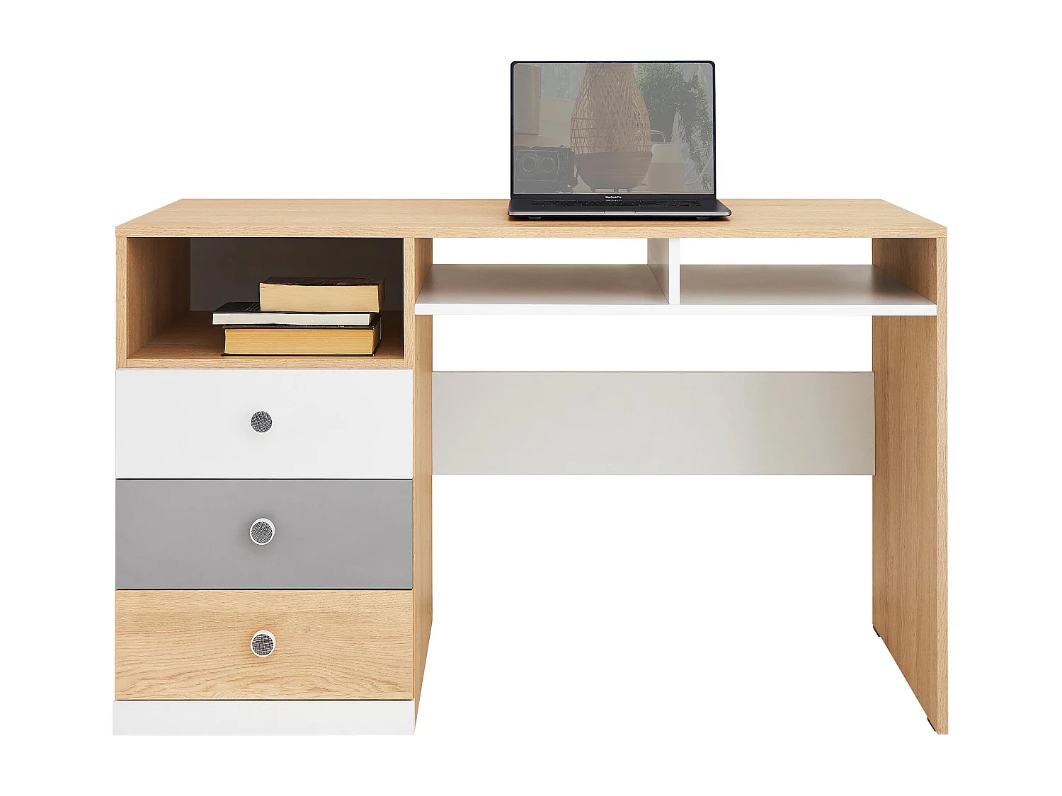 Bureau Tesmonu 107, Avec tiroirs, Nombre de tiroirs: 3, 76x125x55cm, Blanc|Chêne|Gris