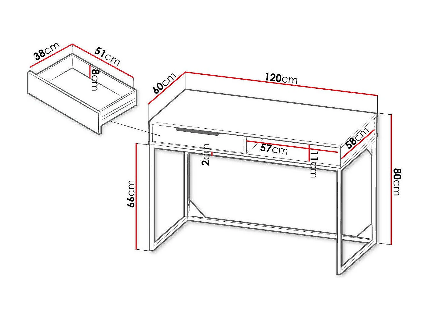 Mesa de escritório Romcama 100, Com gavetas, 8x12x6cm