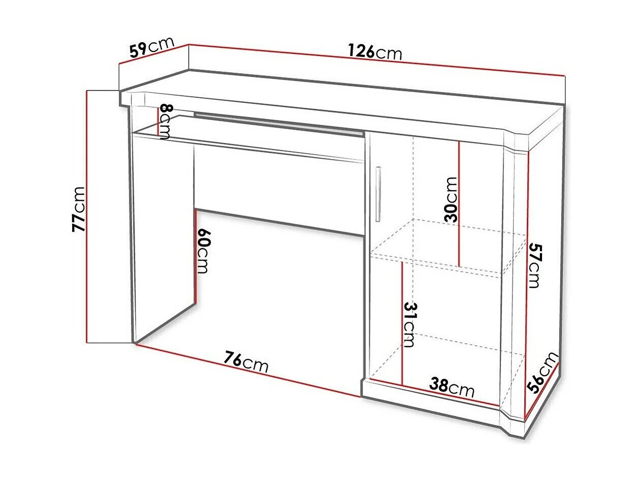 Bureau Lorelie 112, Avec des portes|Étagère à clavier, Le nombre de portes: 1, 77x126cm