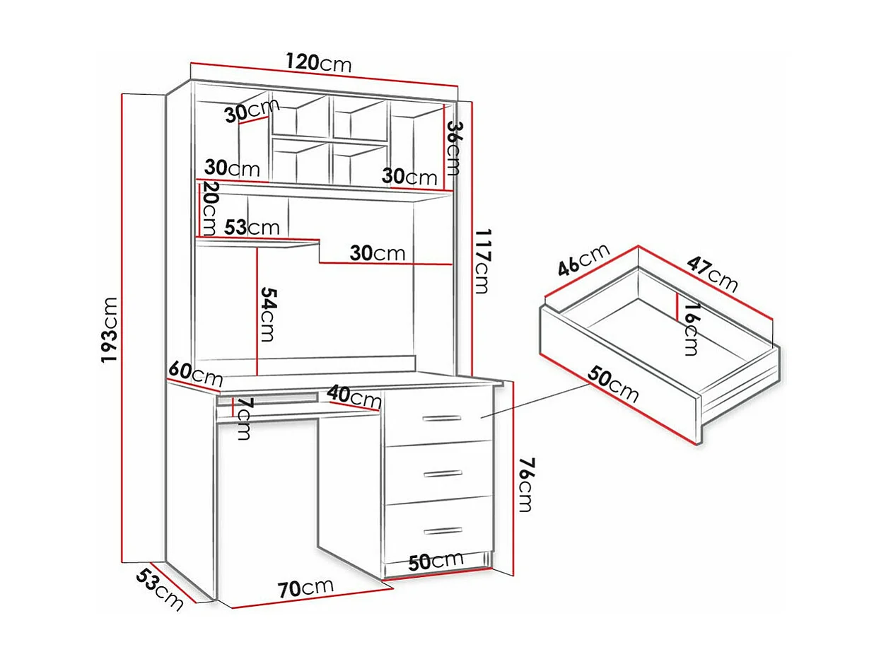 Mesa de oficina Salmere 109, Con cajones|Con un estante para teclado, 76x120x60cm