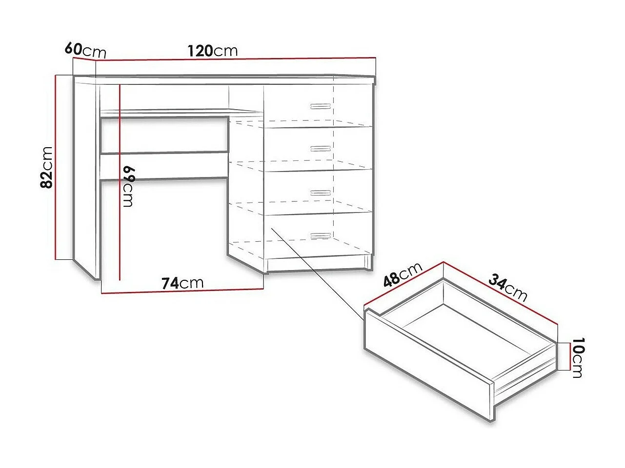 Bureau Serfeno 114, Avec tiroirs|Étagère à clavier, Nombre de tiroirs: 4, 82x120x60cm
