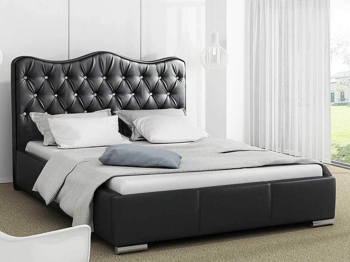 Cama Baltimore 141, Doble, Negro, Cuero ecológico, Somieres, 160x218x100cm
