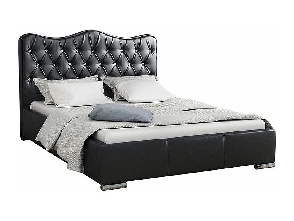 Cama Baltimore 141, Doble, Negro, Cuero ecológico, Somieres, 160x218x100cm