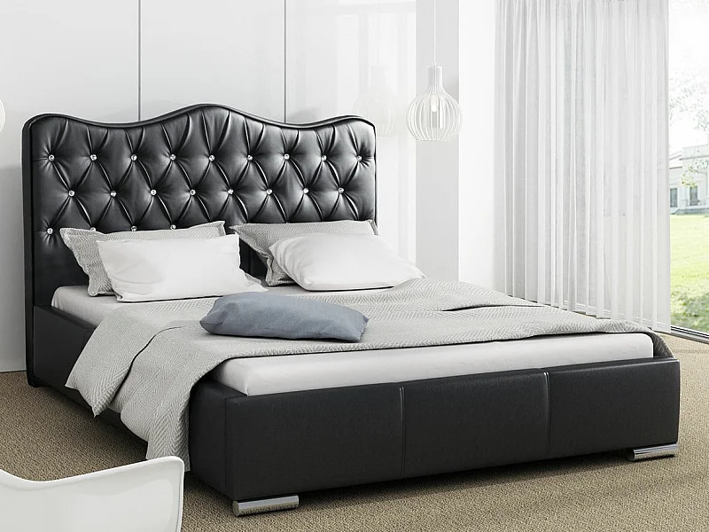 Cama Baltimore 141, Doble, Negro, Cuero ecológico, Somieres, 160x218x100cm