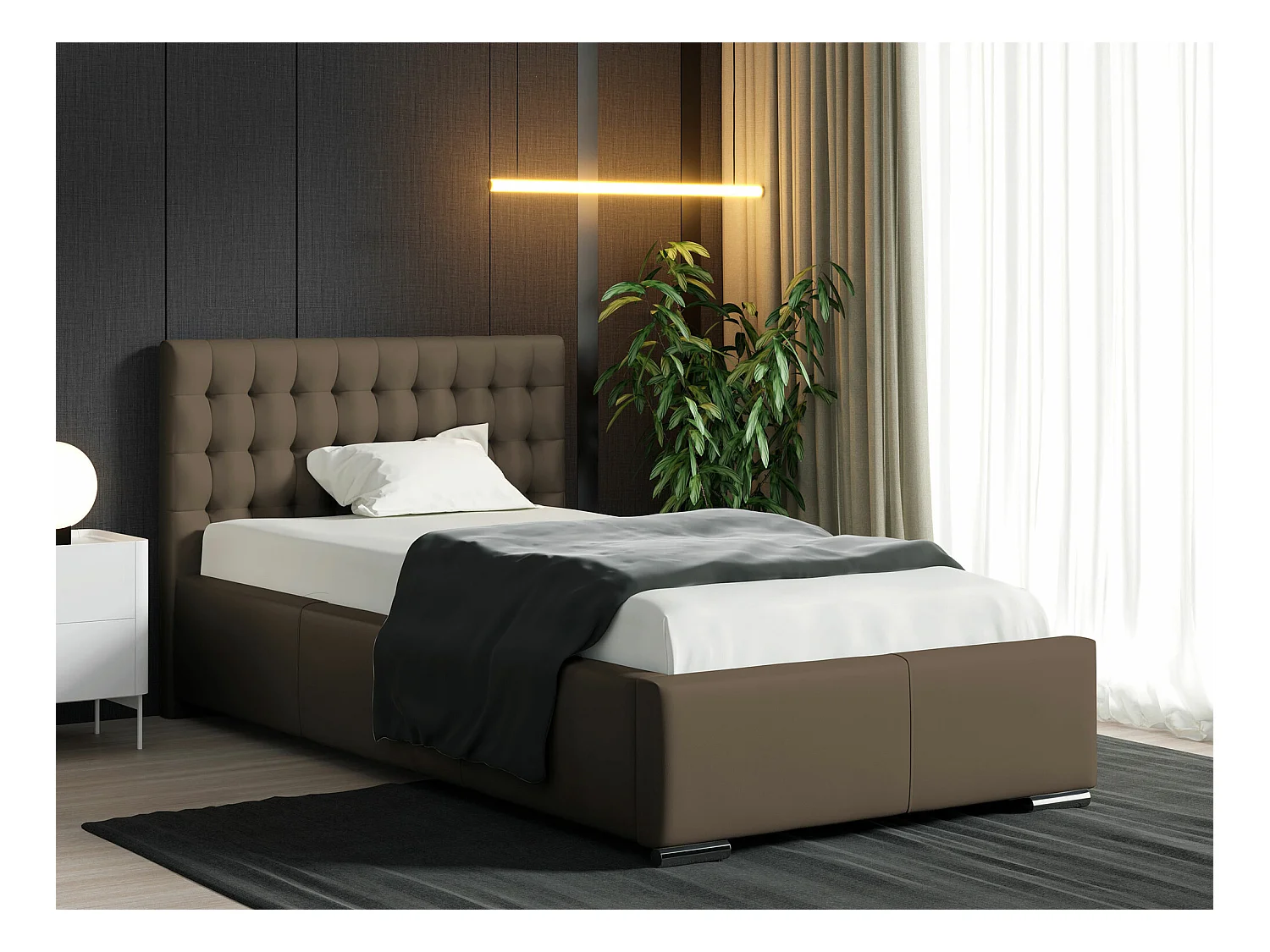 Lit Baltimore 104, Unique, Marron, 90x200, Faux cuir, Sommier à lattes, 107x222x92cm
