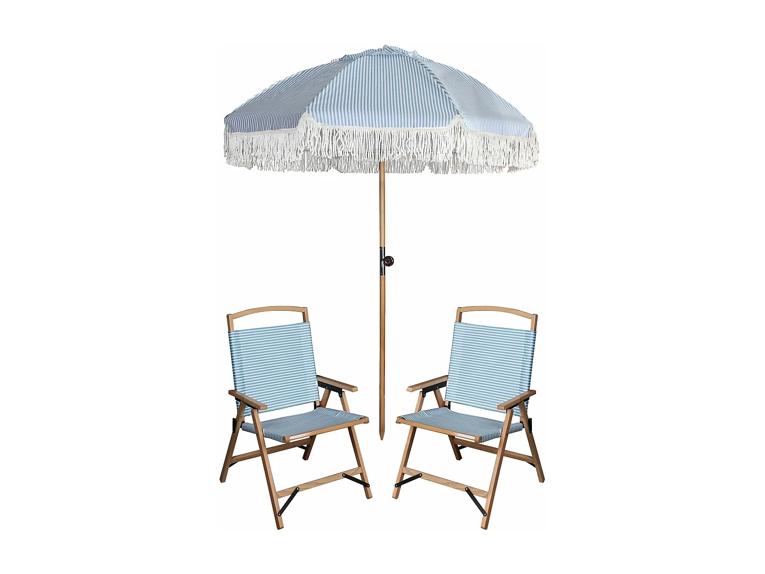 Now's Home - Ensemble Parasol+2chaise Plage En Polyester Bleu Et Bois De Hetre Playa