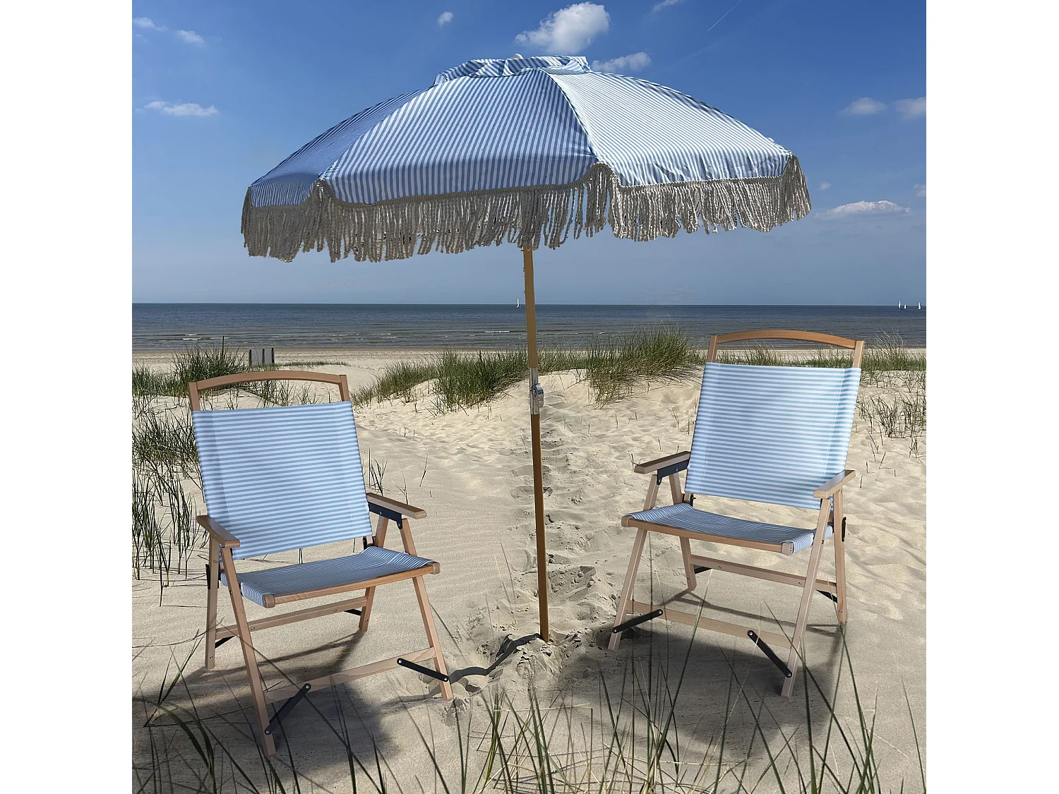 Now's Home - Ensemble Parasol+2chaise Plage En Polyester Bleu Et Bois De Hetre Playa