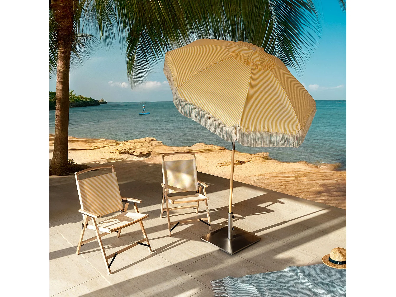 Now's Home - Ensemble Parasol+2chaise Plage En Polyester Jaune Et Bois De Hetre Playa