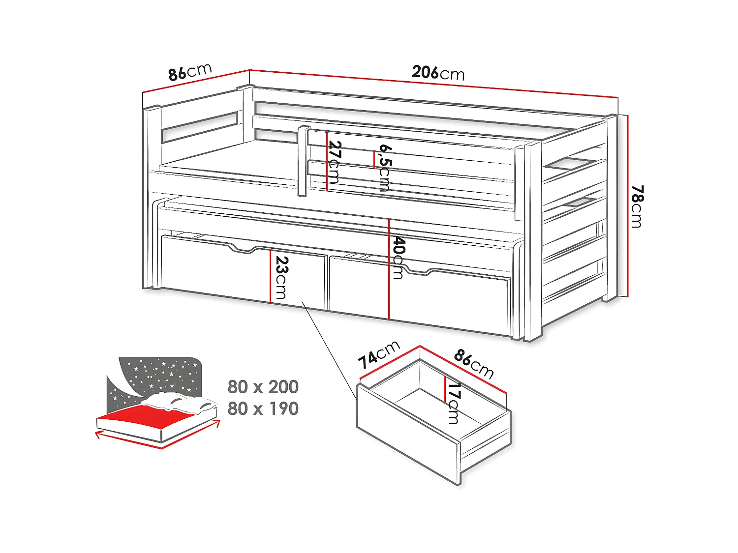 Lit Vista 113, Simple avec un lit gigogne supplémentaire, Unique, Gris, 80x200|80x190,
