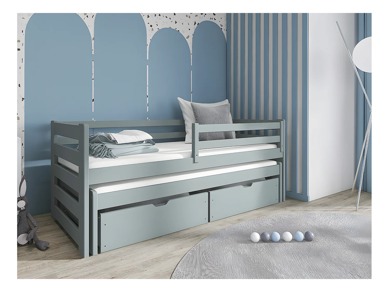 Lit Vista 113, Simple avec un lit gigogne supplémentaire, Unique, Gris, 80x200|80x190,