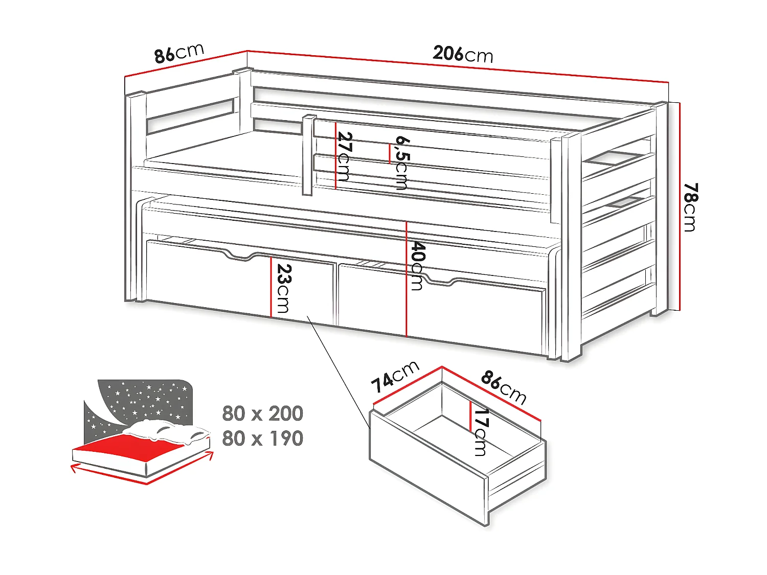 Lit Vista 113, Simple avec un lit gigogne supplémentaire, Unique, Blanc, 80x200|80x190,