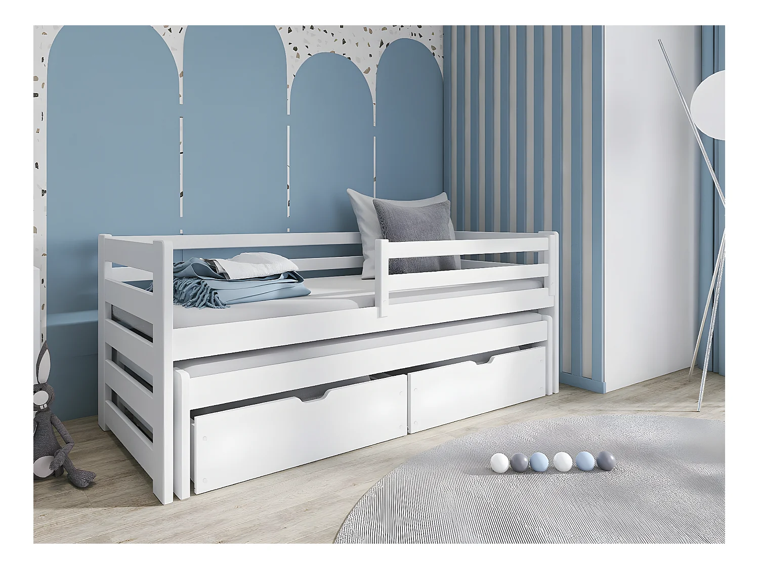 Lit Vista 113, Simple avec un lit gigogne supplémentaire, Unique, Blanc, 80x200|80x190,