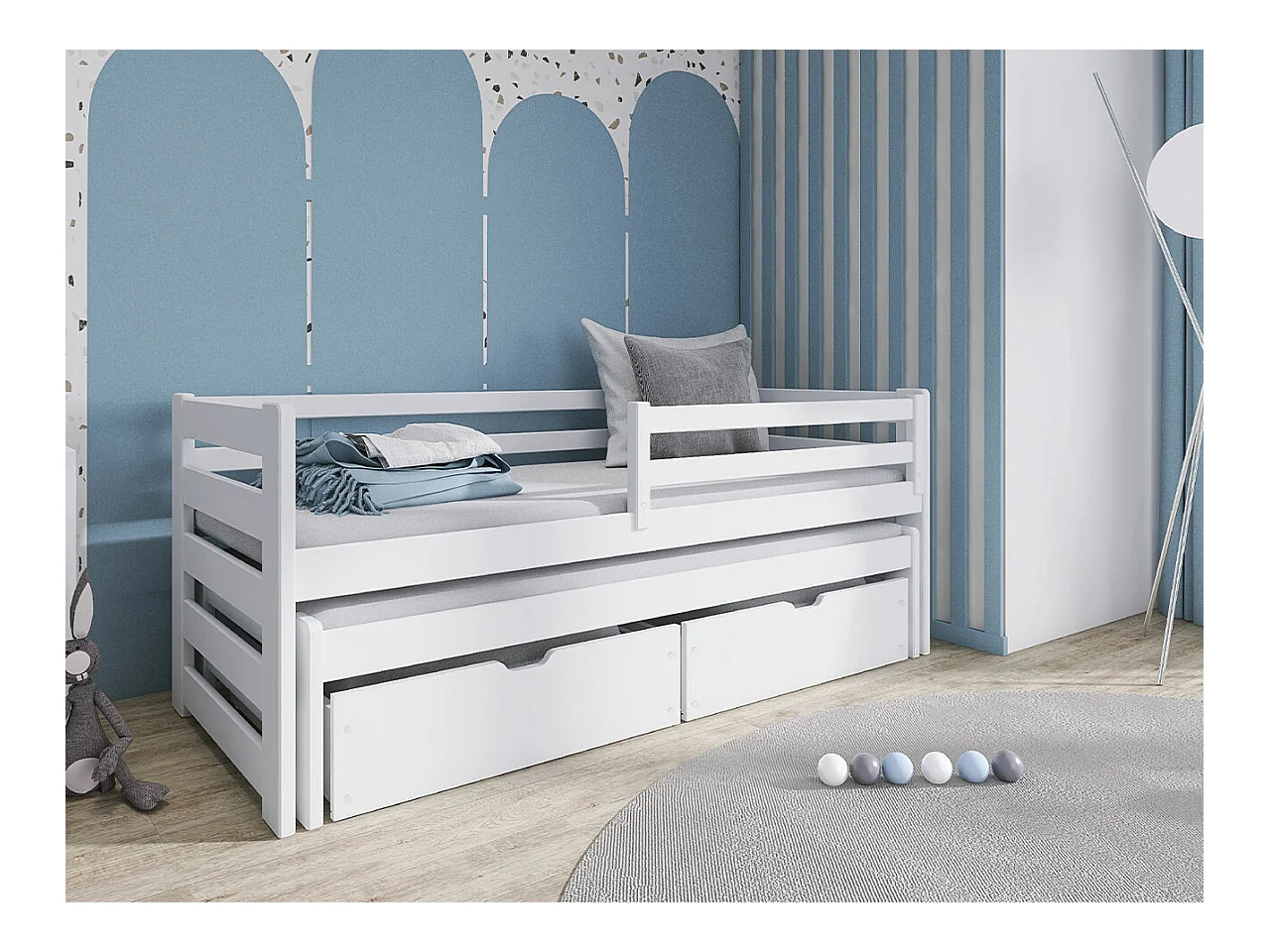 Lit Vista 113, Simple avec un lit gigogne supplémentaire, Unique, Blanc, 90x200|90x190,