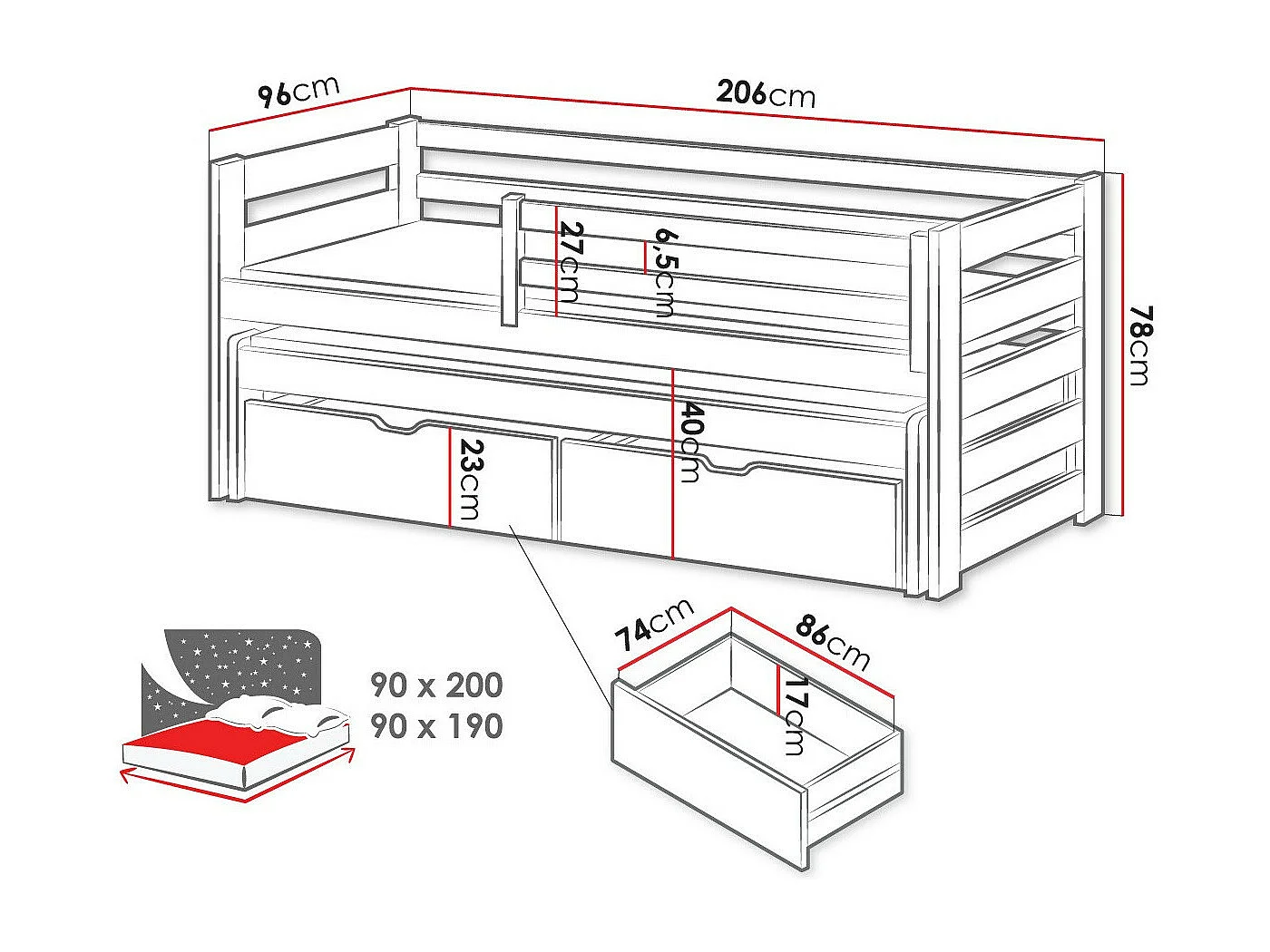 Cama Vista 113, Solteiro com cama extra extensível, Branco, Madeira